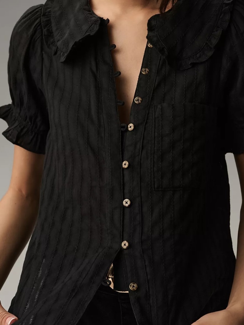 Anthropologie Pilcro Keira Black Short-Sleeve Button-Up Blouse Size XXS